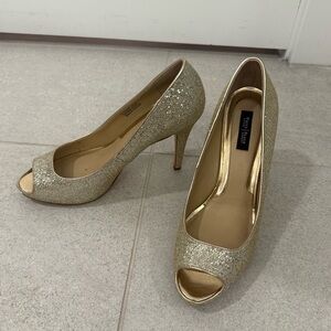 White House Black Market Glitter Gold Dancer Peep-Toe Heels